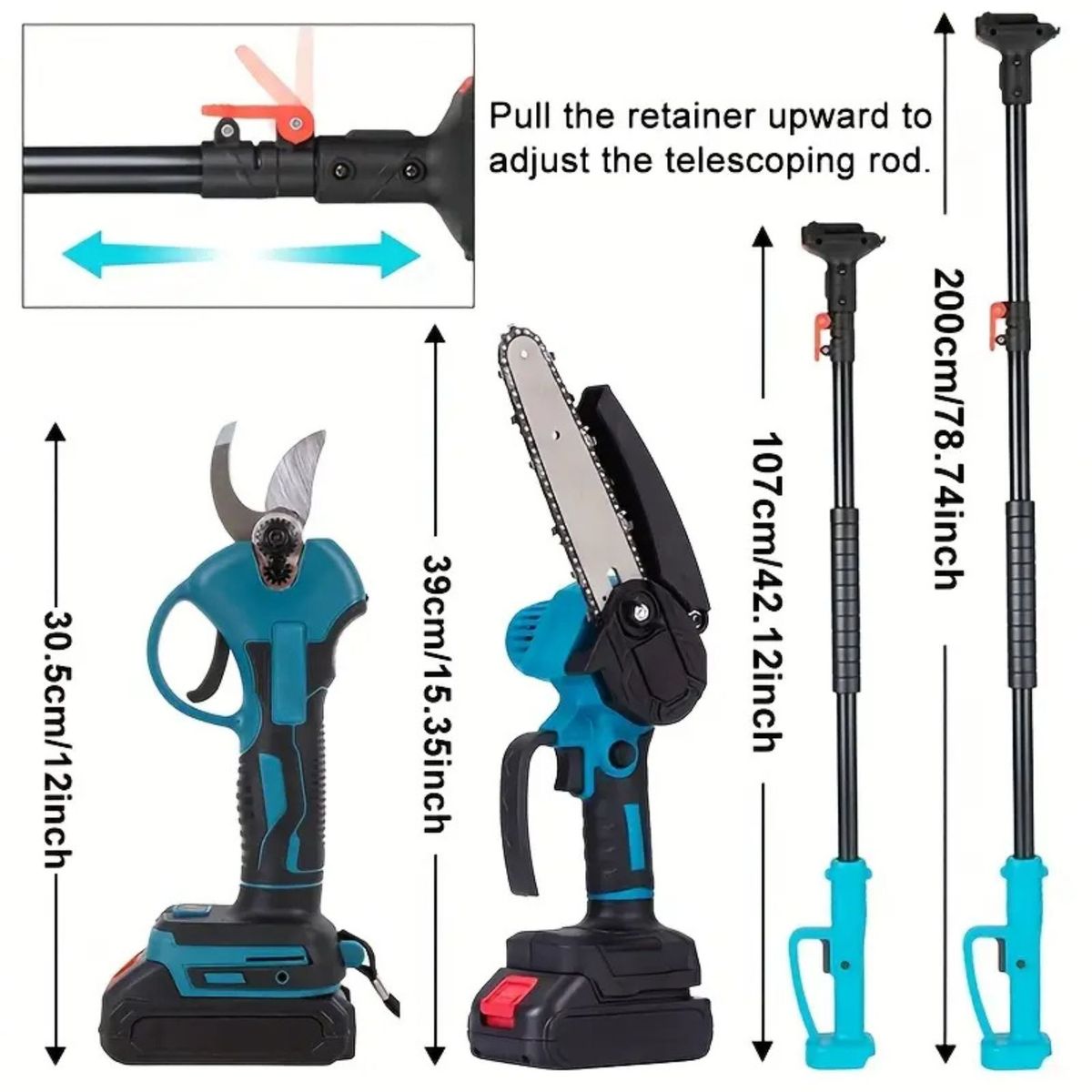 MOVI - KIT DE JARDINERIA 6 EN 1, ORILLADORA, TIJERA, MINI MOTO SIERRA, SOPLADORA, 2 CORTA SETOS Y BRAZO TELESCOPICO