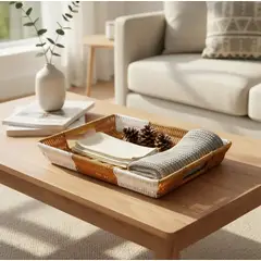 GENERICO - Bandeja Canasto Rectangular Símil Mimbre 35x25cm Con Asas