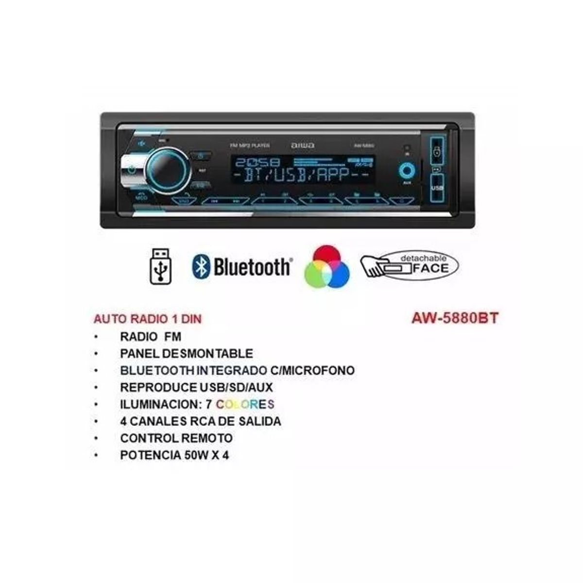 AIWA - Radio Auto 1 Din Bluetooth Usb X2 Radio Fm Aiwa Aw-5880bt