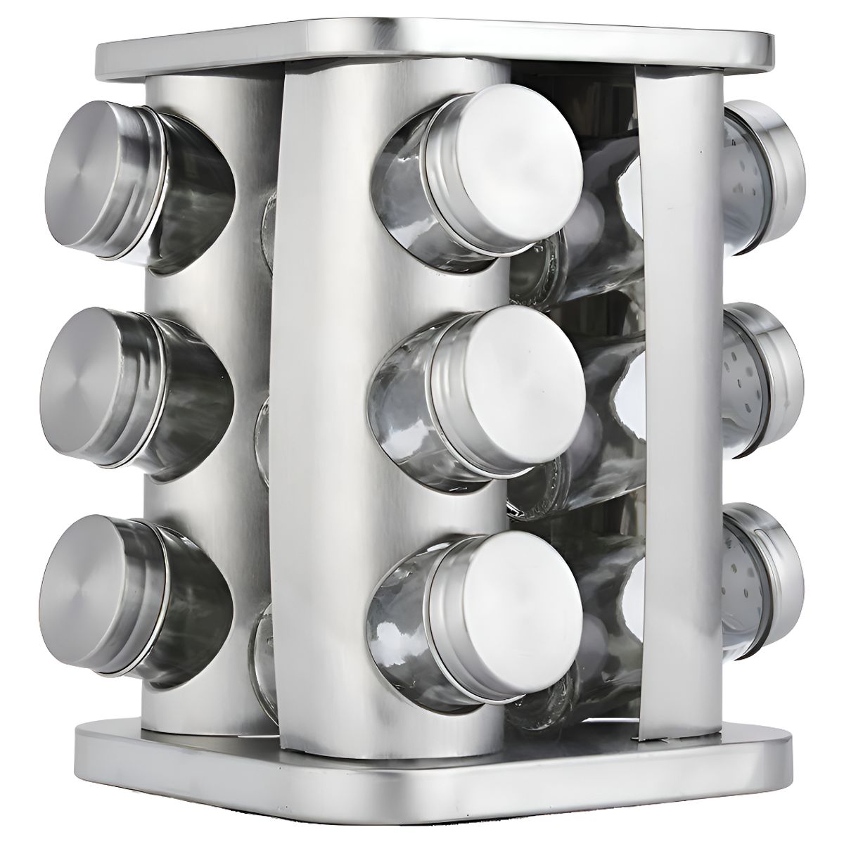 GENERICO - Condimentero Especiero Metalico Rack Giratorio + 12 Frascos Color Plateado