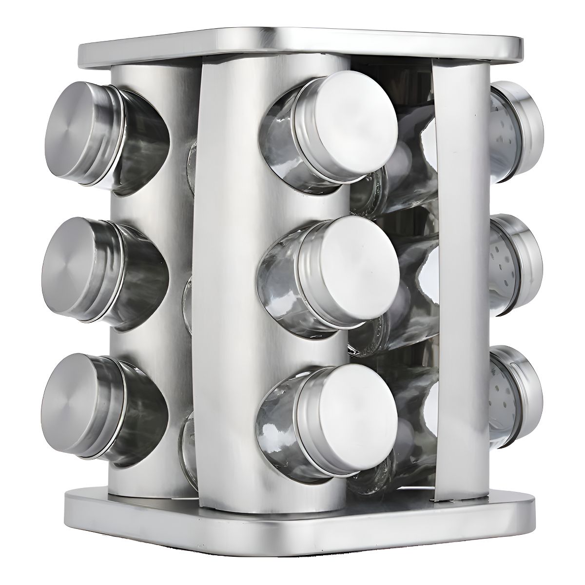GENERICO - Condimentero Especiero Metalico Rack Giratorio + 12 Frascos Color Plateado