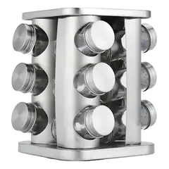 GENERICO - Condimentero Especiero Metalico Rack Giratorio + 12 Frascos Color Plateado