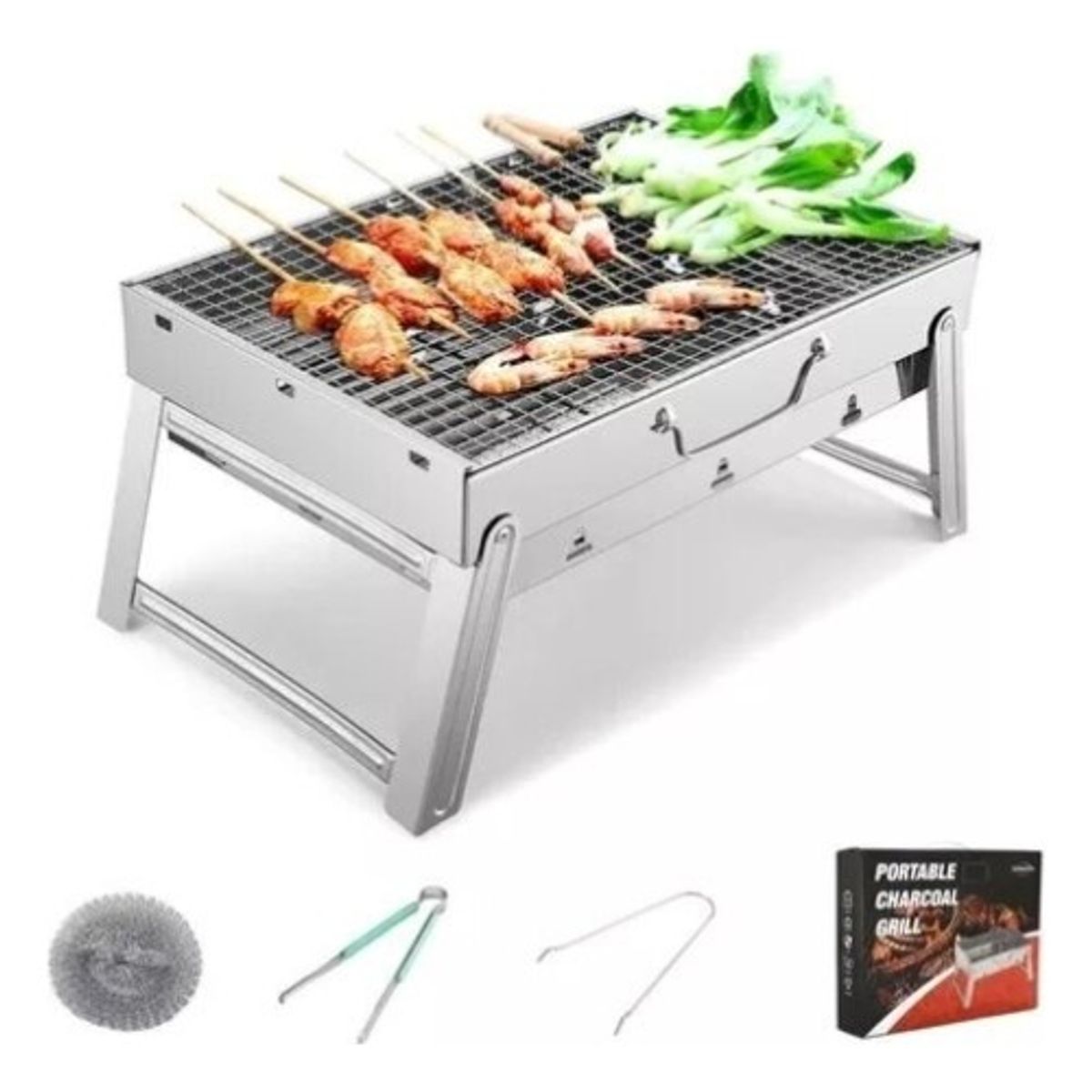 GENERICO - Asador Portatil Doble Parrilla Carbon Plegable Movil Plateado