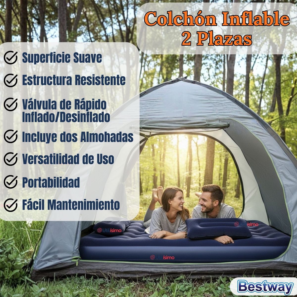 LINE - Colchón Inflable 2 Plazas Camping Más Inflador Y Dos Almohadas Bestway