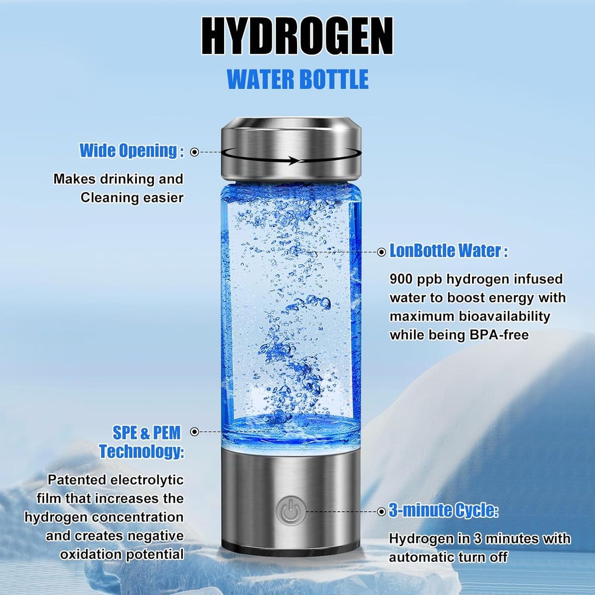 KUANGYE - 420ML Portátil Recargable Botella Deportiva Agua Máquina Ionizadora De Agua Hidrógeno