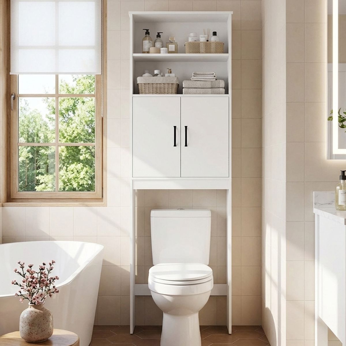 ROHE - Estante Organizador De Baño Wc 2 Puertas Color Blanco 196x60x20cm