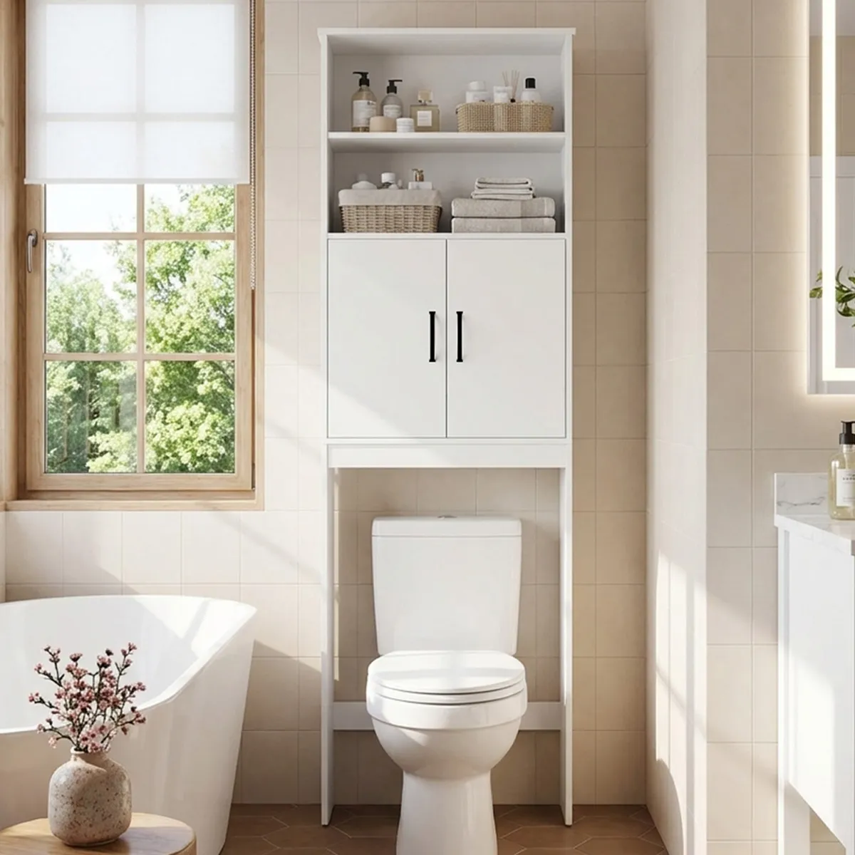 ROHE - Estante Organizador De Baño Wc 2 Puertas Color Blanco 196x60x20cm