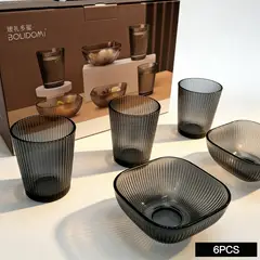 GENERICO - Set de Vidrio Negro 6 Piezas: 3 Vasos + 3 Cuencos - Vajilla Moderna para Cocina