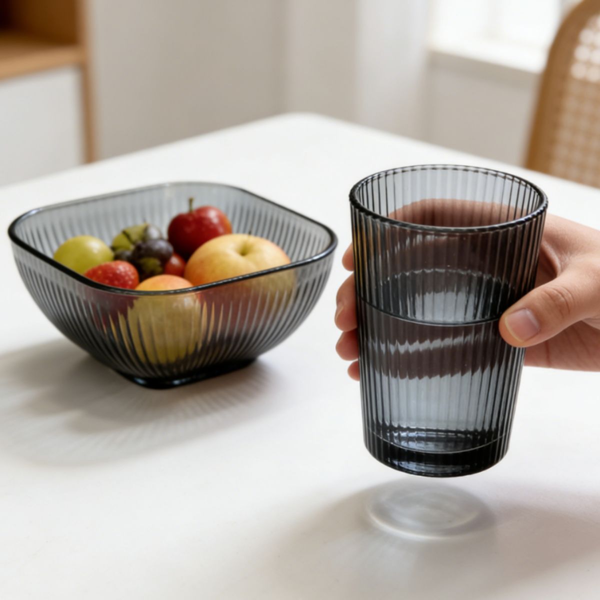 GENERICO - Set de Vidrio Negro 6 Piezas: 2 Vasos + 2 Cuencos - Vajilla Moderna para Cocina