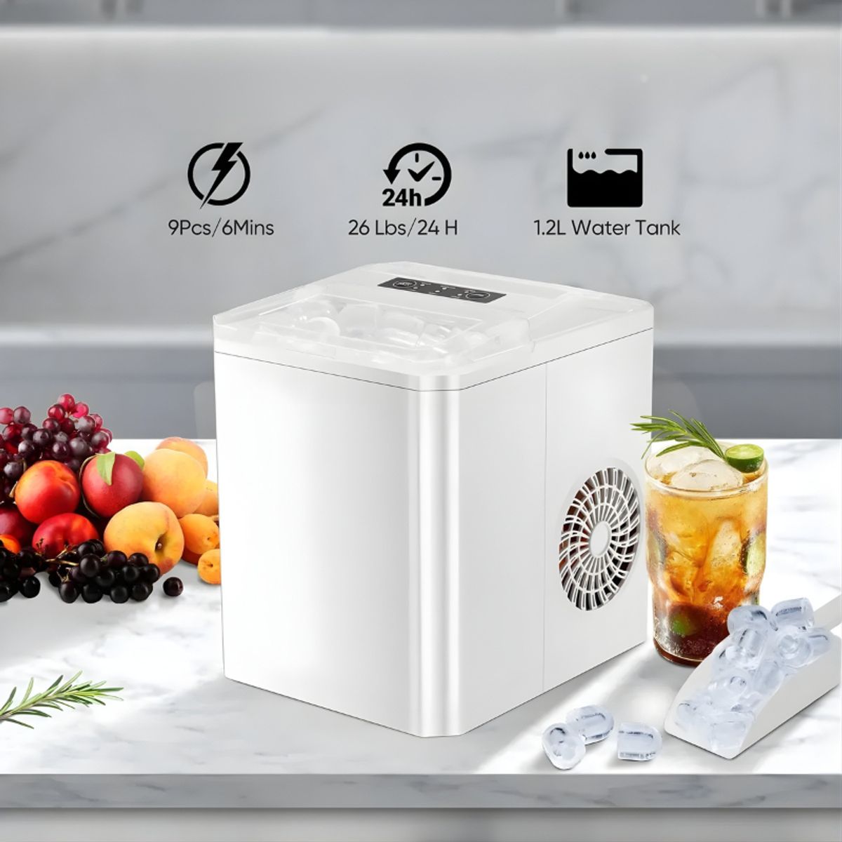 MOVI - MAQUINA PARA HACER HIELO, 9 CUBOS CADA 8 MINUTOS, 2 TAMAÑOS DE CUBO