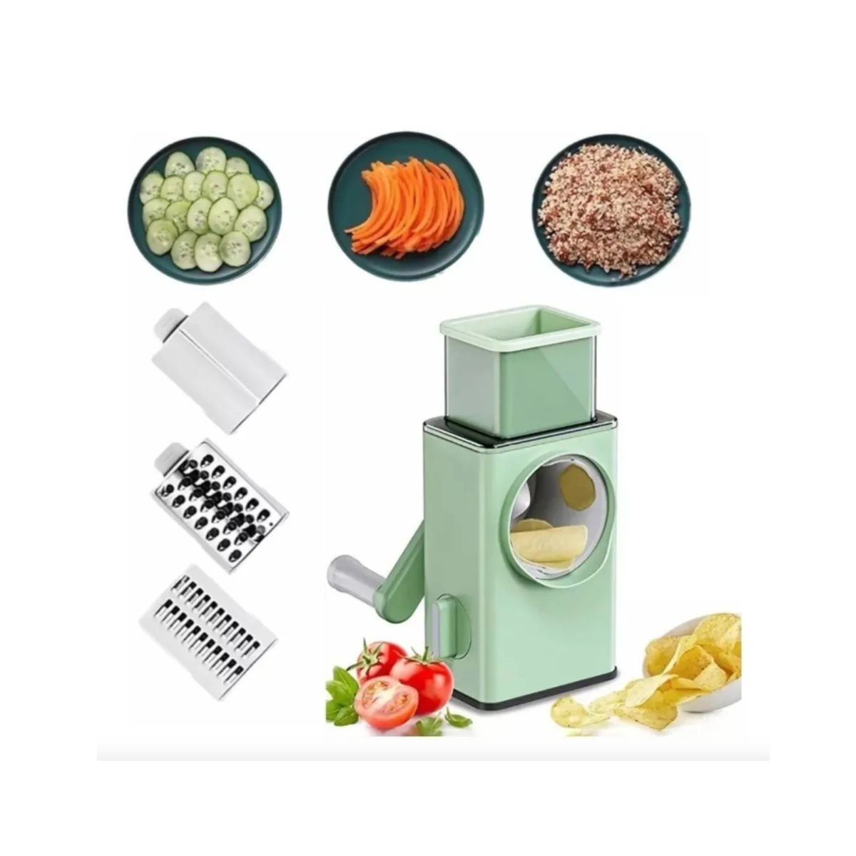 GENERICO - Cortador de Verduras Multifuncional 3 en 1 - Rallador y Rebanador Manual de Acero Inoxidable - Verde