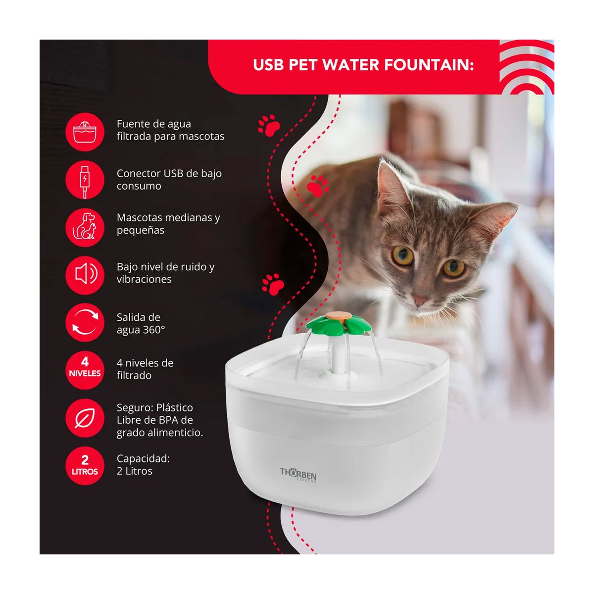 THORBEN - Fuente de Agua Electrica Thorben Pet Water Fountain