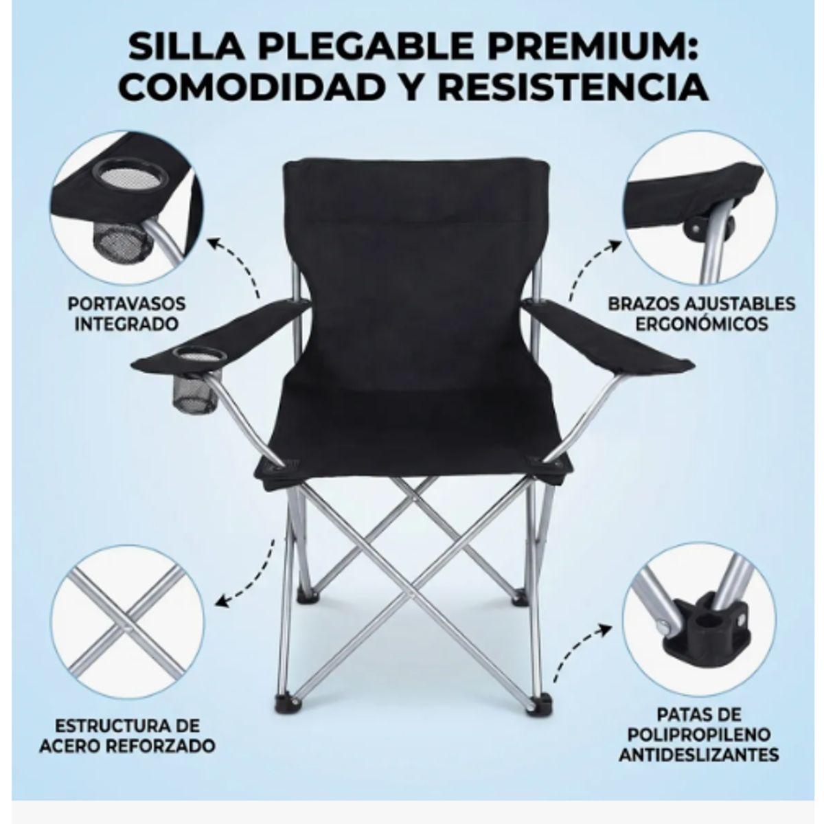 GENERICO - Silla Plegable De Camping Con Porta Vaso Rohe 80x50cm Negro