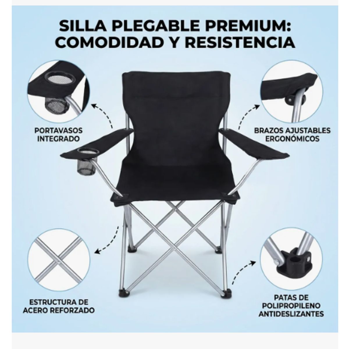 GENERICO - Silla Plegable De Camping Con Porta Vaso Rohe 80x50cm Negro