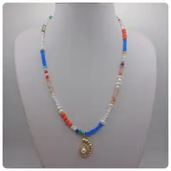 CAT JOYAS - Collar de cristales con perlas de río naturales y colgante enchapado en oro