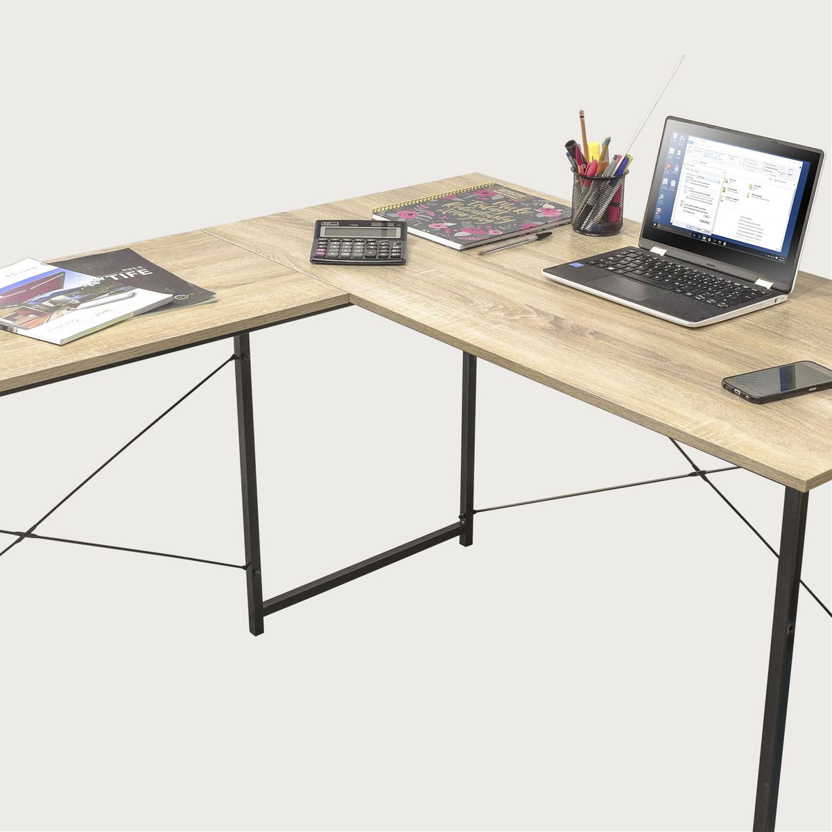RELAN - Escritorio Esquinero Estilo Industrial Desk-11 Simil Madera y Metal