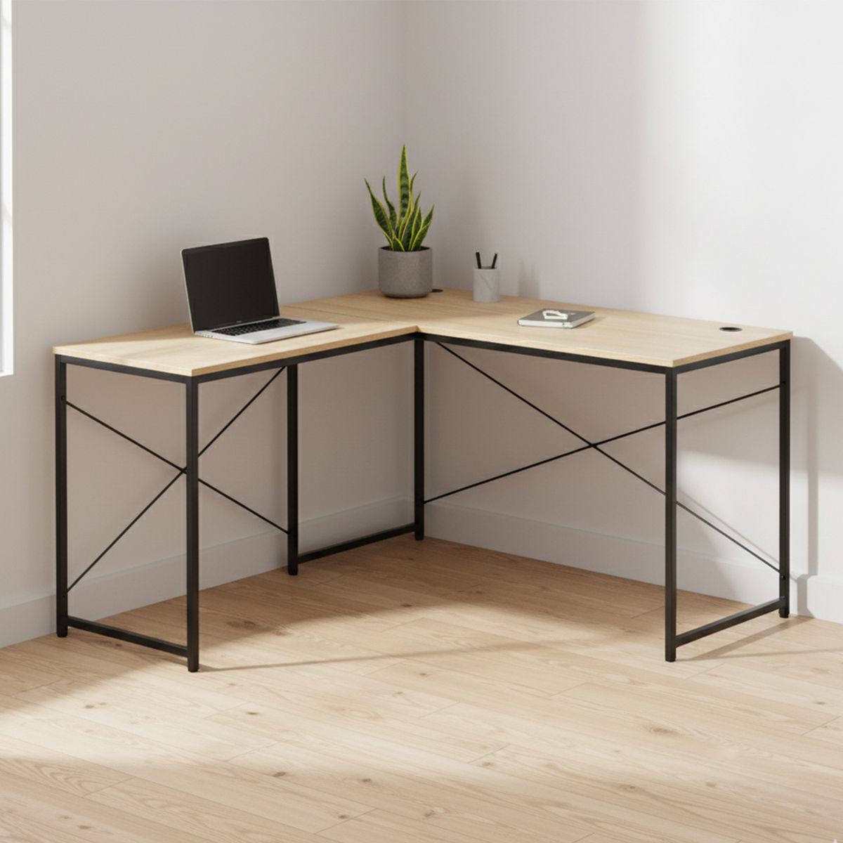 RELAN - Escritorio Esquinero Estilo Industrial Desk-11 Simil Madera y Metal