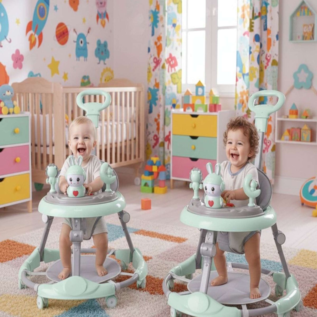 GENERICO - Pack 2 Andador Infantil Ergonomico con Diseño de Conejito y Manija de Empuje Verde Menta