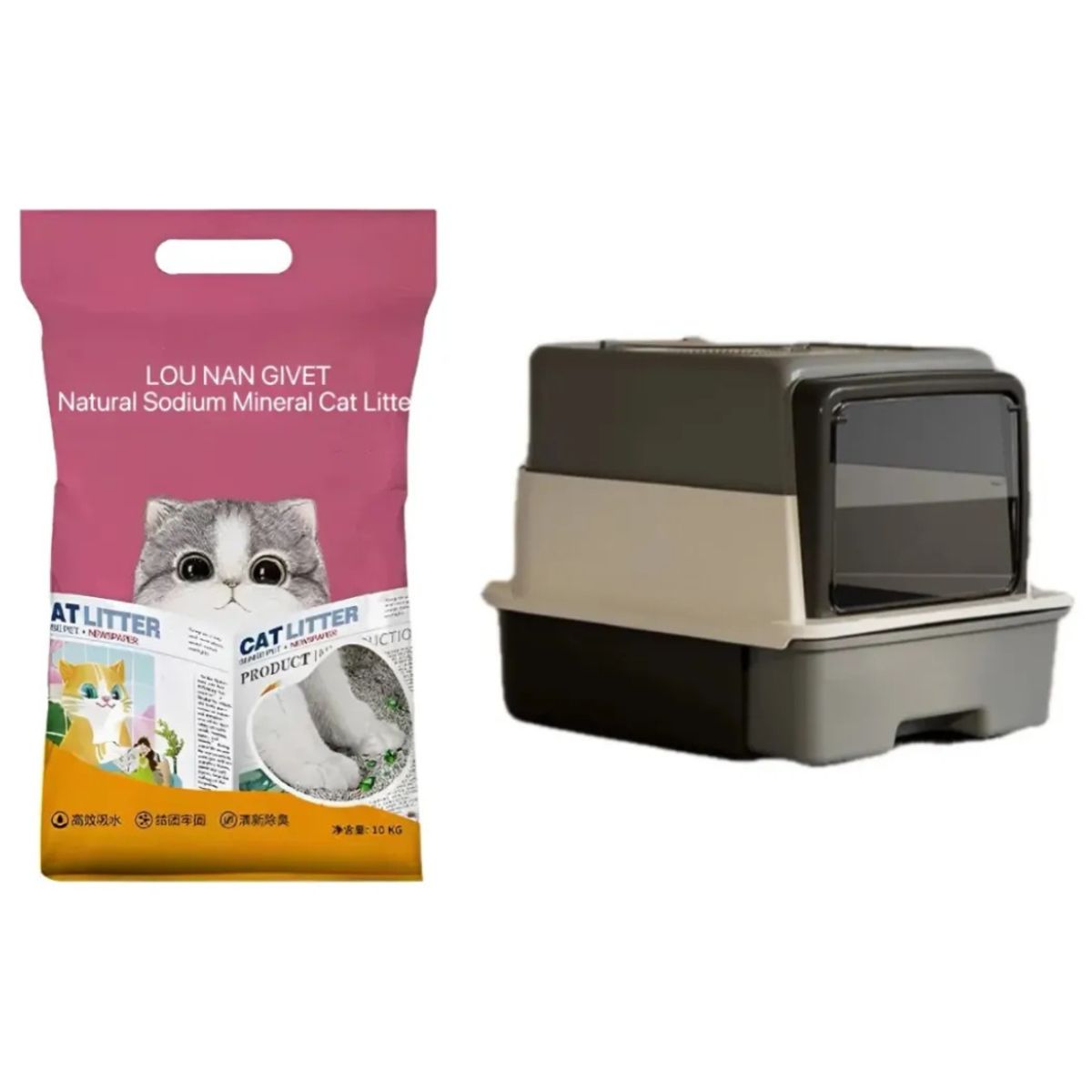 SUKEA - Pack De Arena 10kg Bajo Polvo + Arenero Grande Con Pala Gris