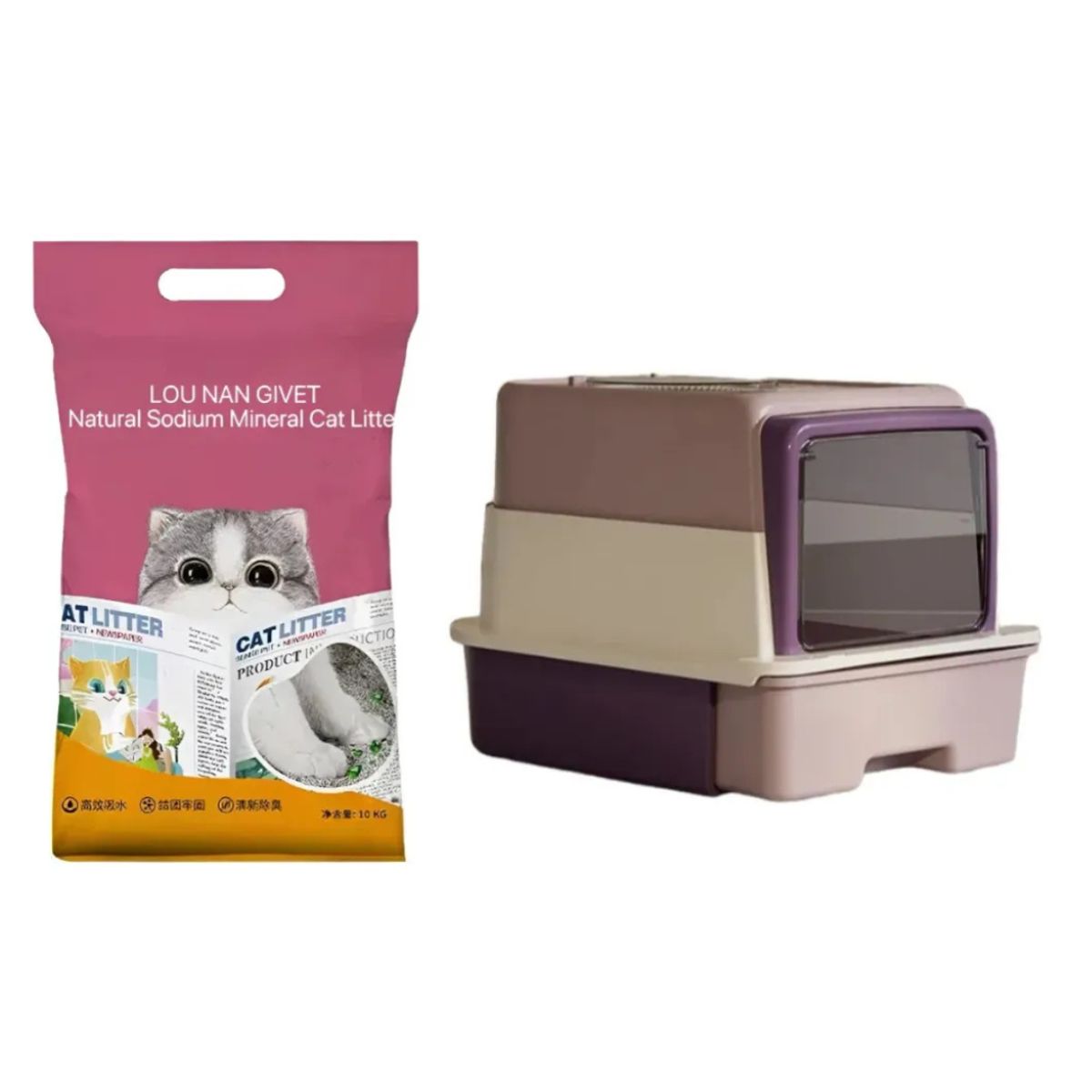 SUKEA - Pack De Arena 10kg Bajo Polvo + Arenero Grande Con Pala Lila