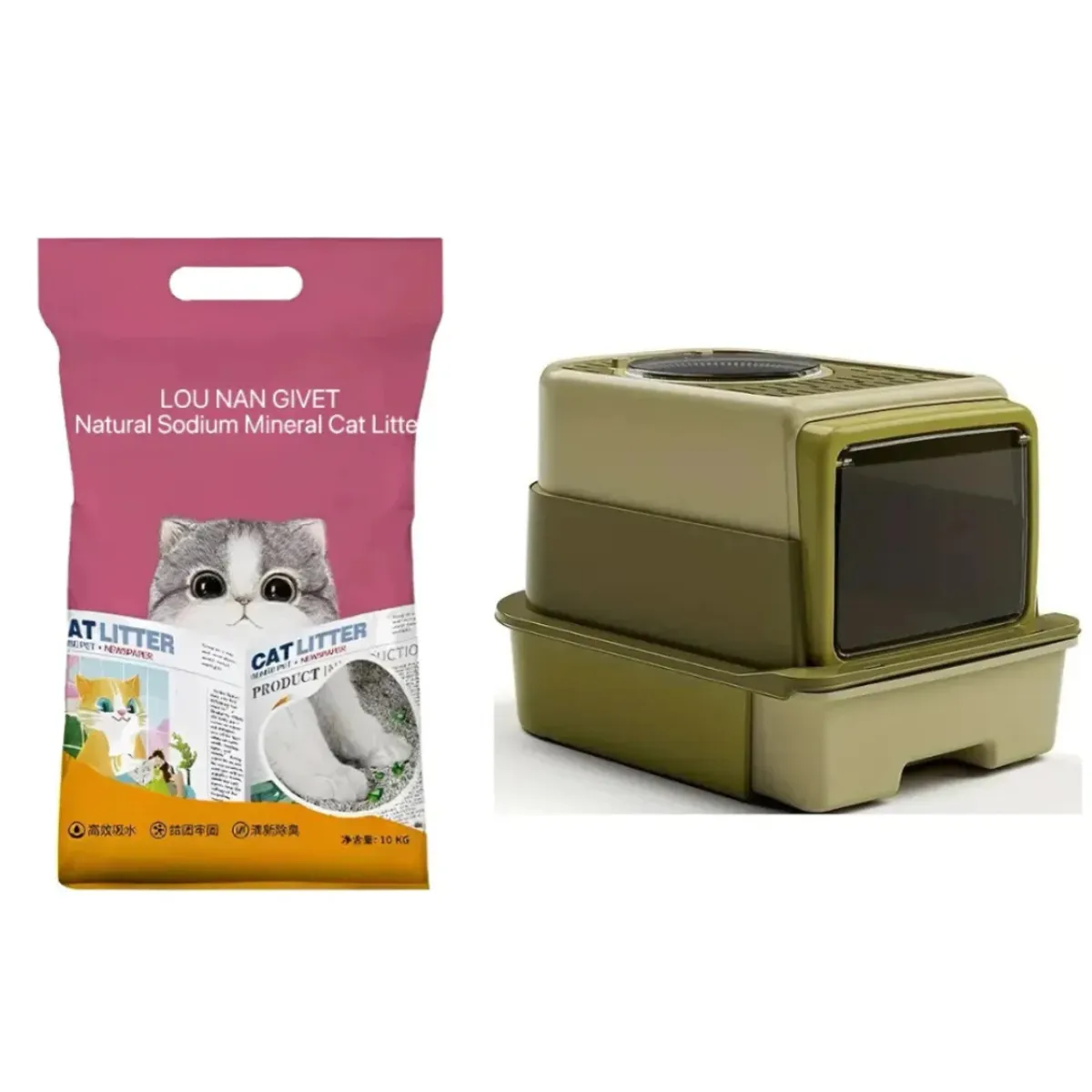 SUKEA - Pack De Arena 10kg Bajo Polvo + Arenero Grande Con Pala Verde