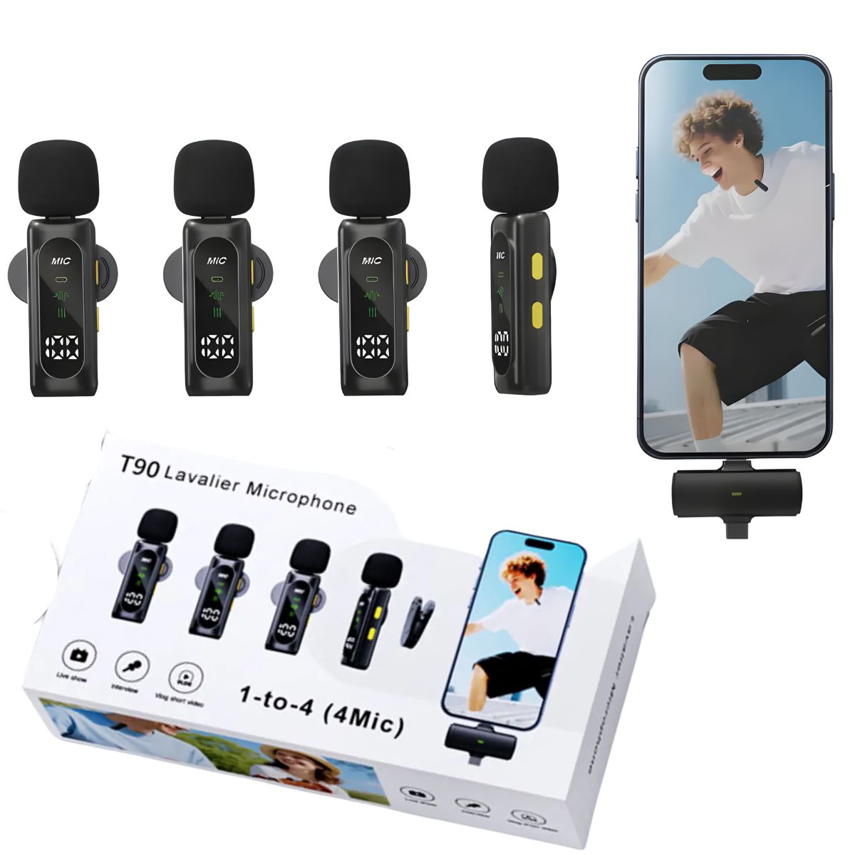GENERICO - Pack 4 Micrófonos Lavallier Inalámbrico T90 Vlogs Usbc