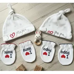 HAOKIDS - Set de 2 gorros y 2 pares de mitonces para bebé de 0 a 6 meses diseño Mama y Papa