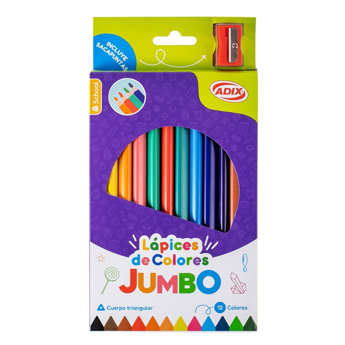 ADIX - Set 12 Lápices de Colores Jumbo Triangular CSacapuntas Adix