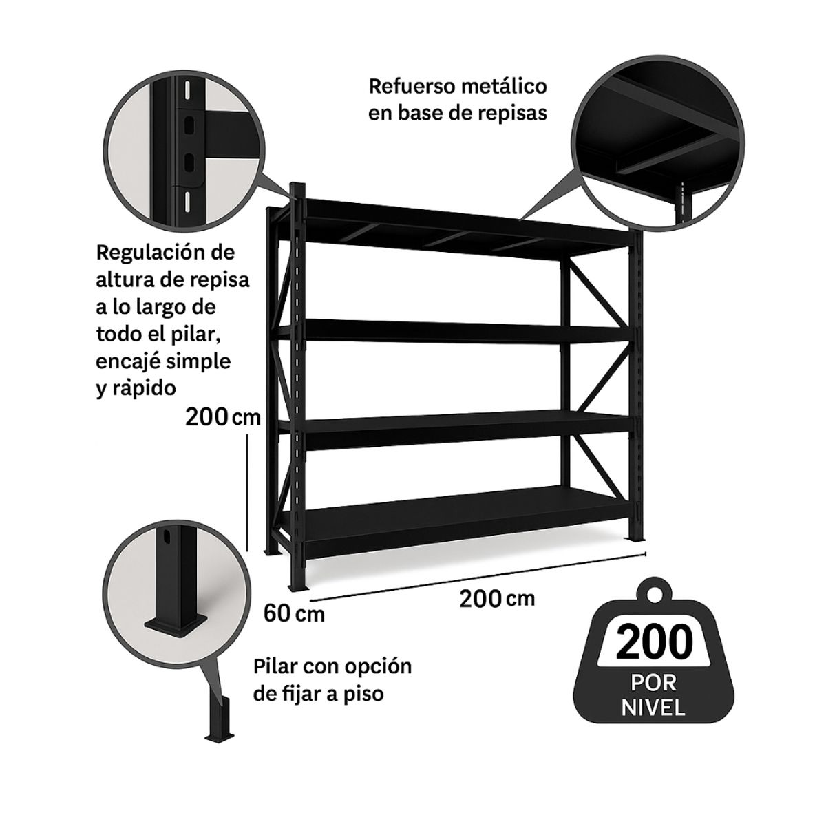 OEM - Estante Metálico Rack 200x200x60cm negro