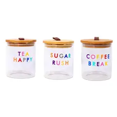 GENERICO - Set 3 Frascos Vidrio Tapa Madera Organizador Té Café Azúcar