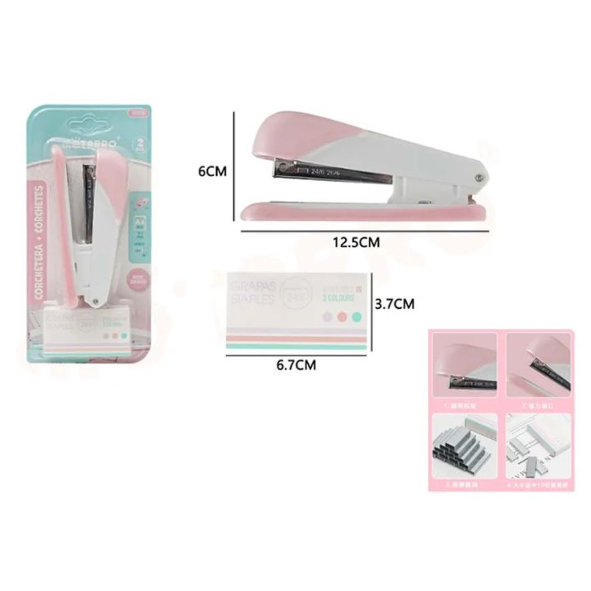 GENERICO - Set Corchetera+Corchetes 246 Rosado Pastel 12x6cm