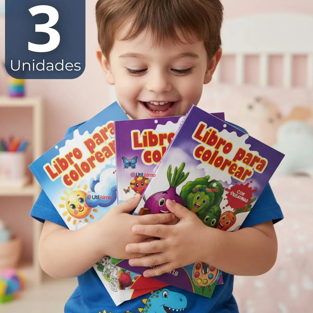 UTILISIMO - Pack 3 Libros Para Colorear Pintar Educativo Con Stickers Diseños Surtidos