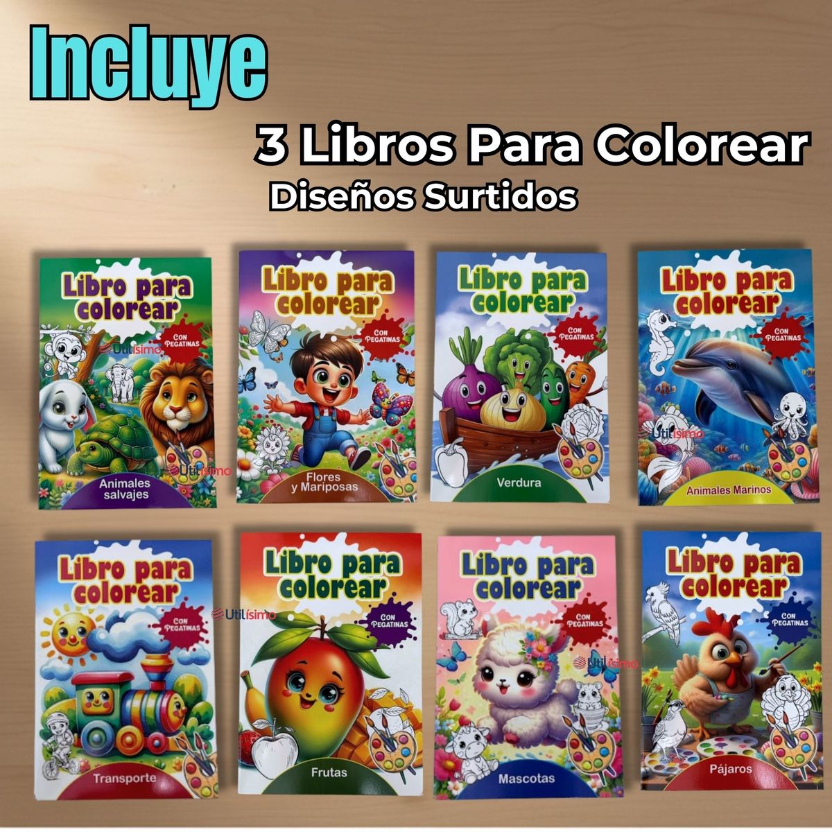 UTILISIMO - Pack 3 Libros Para Colorear Pintar Educativo Con Stickers Diseños Surtidos