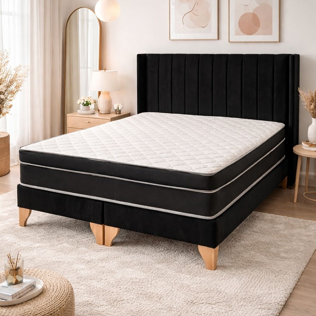 GENERICO - Cama 2 Plazas, Felpa Negra con Respaldo + Colchón Híbrido Bonnell y Pillow Top - Base de Pino