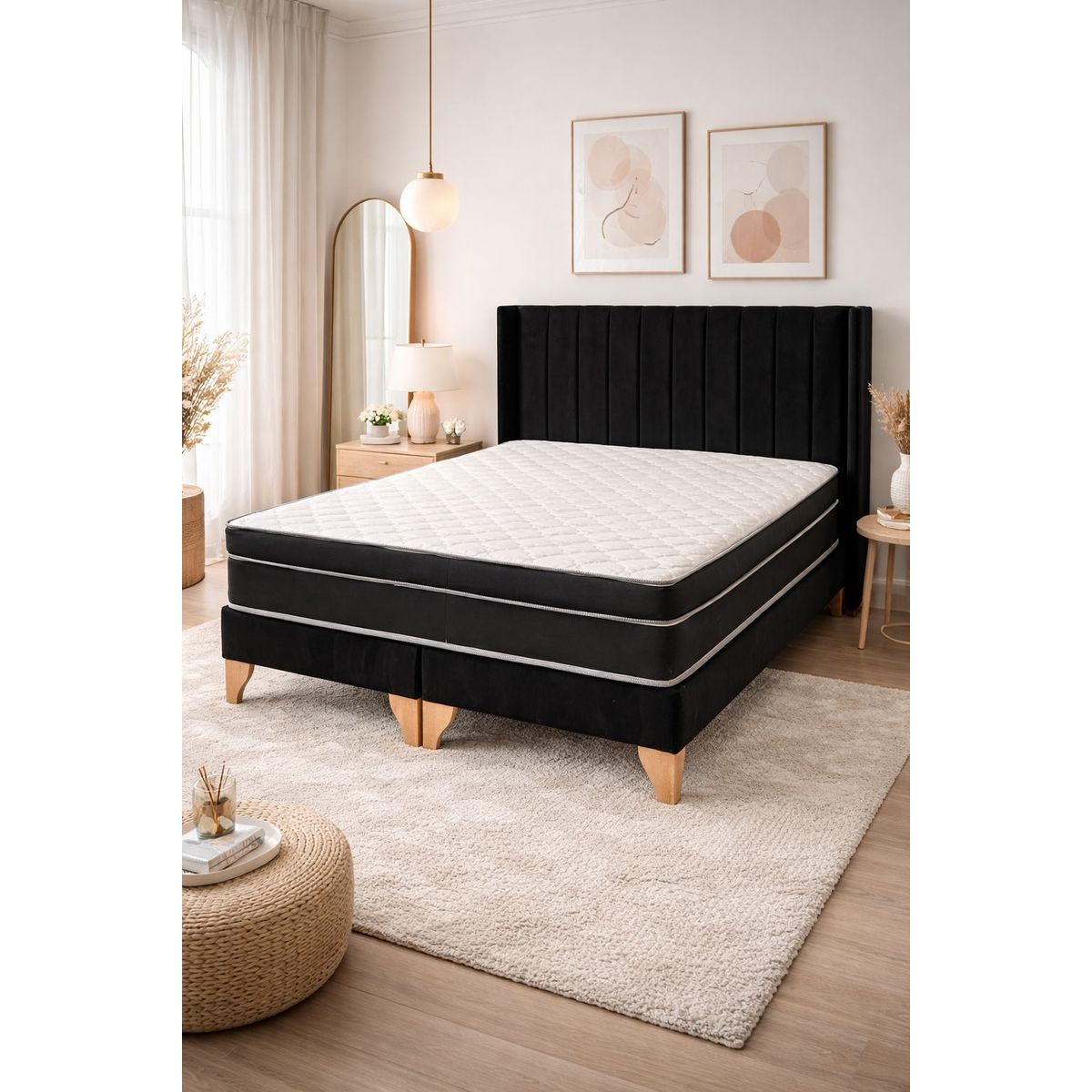 GENERICO - Cama 2 Plazas, Felpa Negra con Respaldo + Colchón Híbrido Bonnell y Pillow Top - Base de Pino