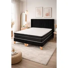 GENERICO - Cama 2 Plazas, Felpa Negra con Respaldo + Colchón Híbrido Bonnell y Pillow Top - Base de Pino