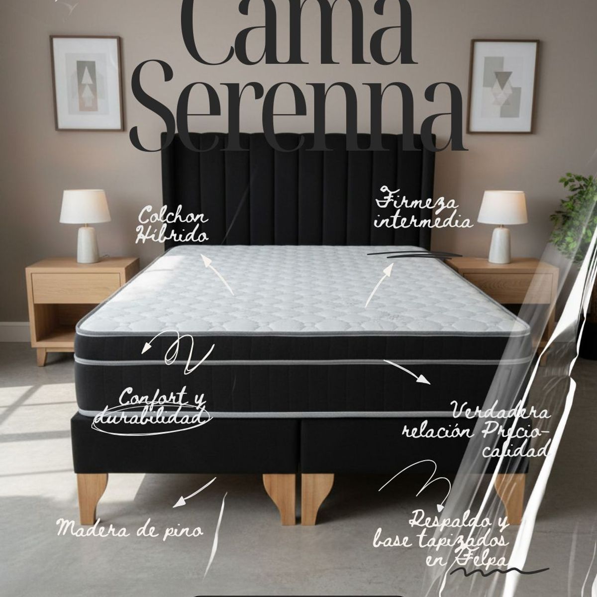 GENERICO - Cama 2 Plazas, Felpa Negra con Respaldo + Colchón Híbrido Bonnell y Pillow Top - Base de Pino