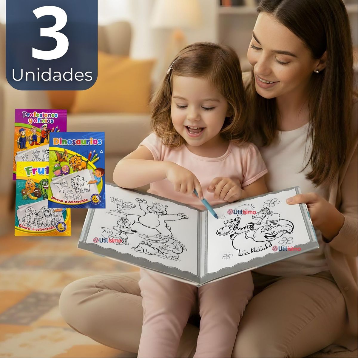 UTILISIMO - Pack 3 Libros Para Colorear Pintar Educativo Con Stickers Diseños Surtidos