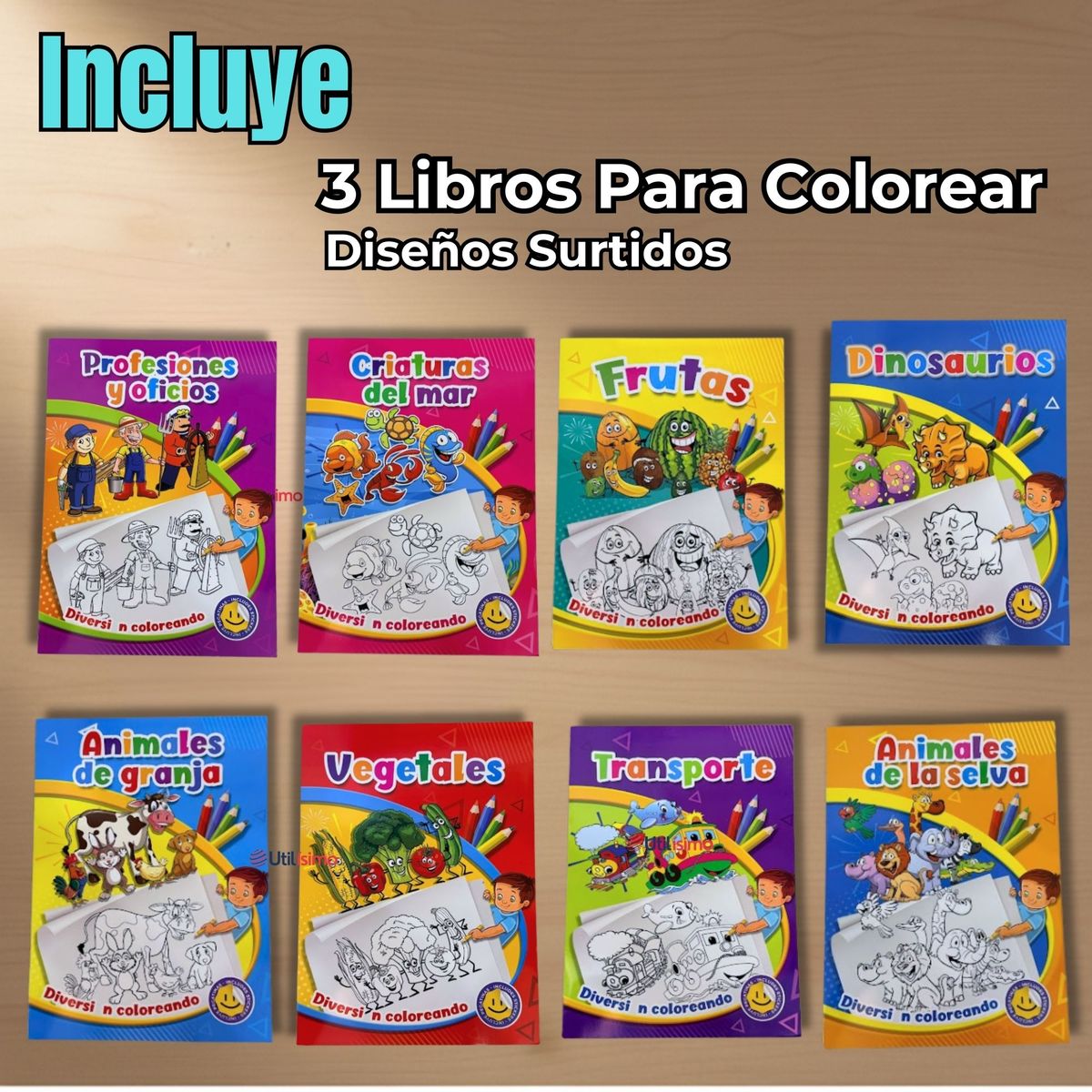 UTILISIMO - Pack 3 Libros Para Colorear Pintar Educativo Con Stickers Diseños Surtidos