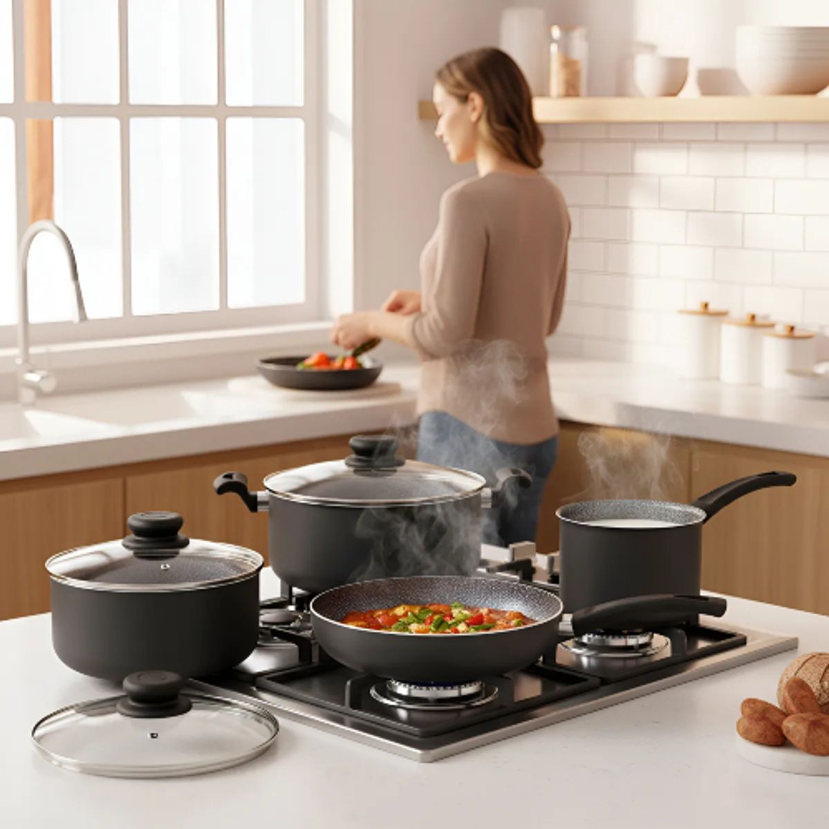 PANELUX - Batería De Cocina 8 Pzas Panelux Antiadherente Granito Negro Negro