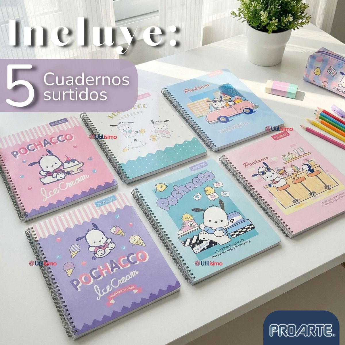 PROARTE - Pack 5 Cuadernos Universitarios Pochacco 100 Hojas Proarte Diseños Surtidos
