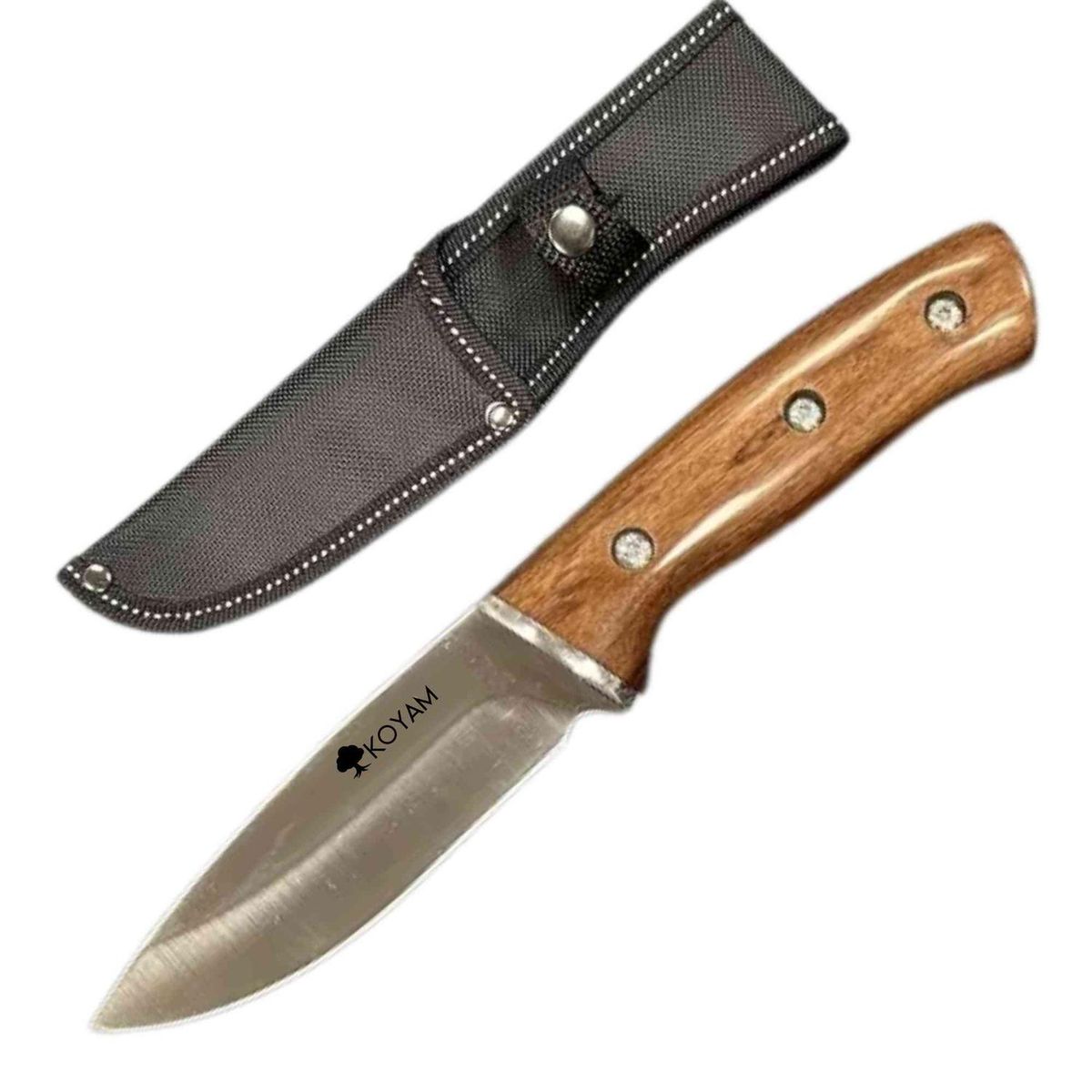 KOYAM - Cuchillo Camping Hoja Fija 5cr15 Mango Madera y Funda Nylon