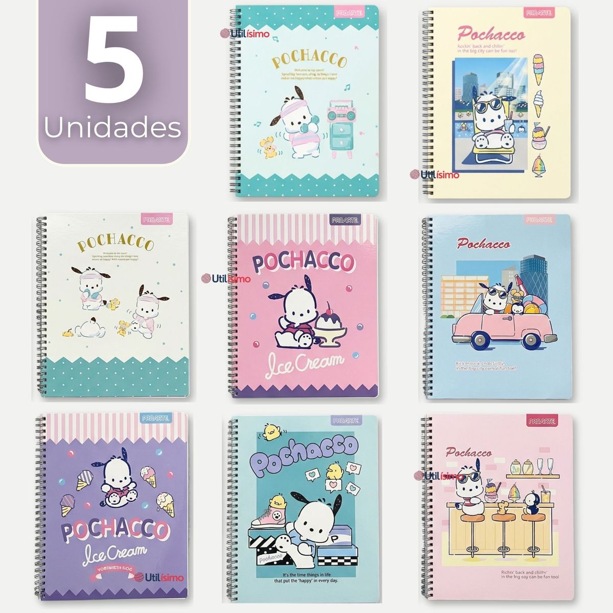 PROARTE - Pack 5 Cuadernos Universitarios Pochacco 100 Hojas Proarte Diseños Surtidos