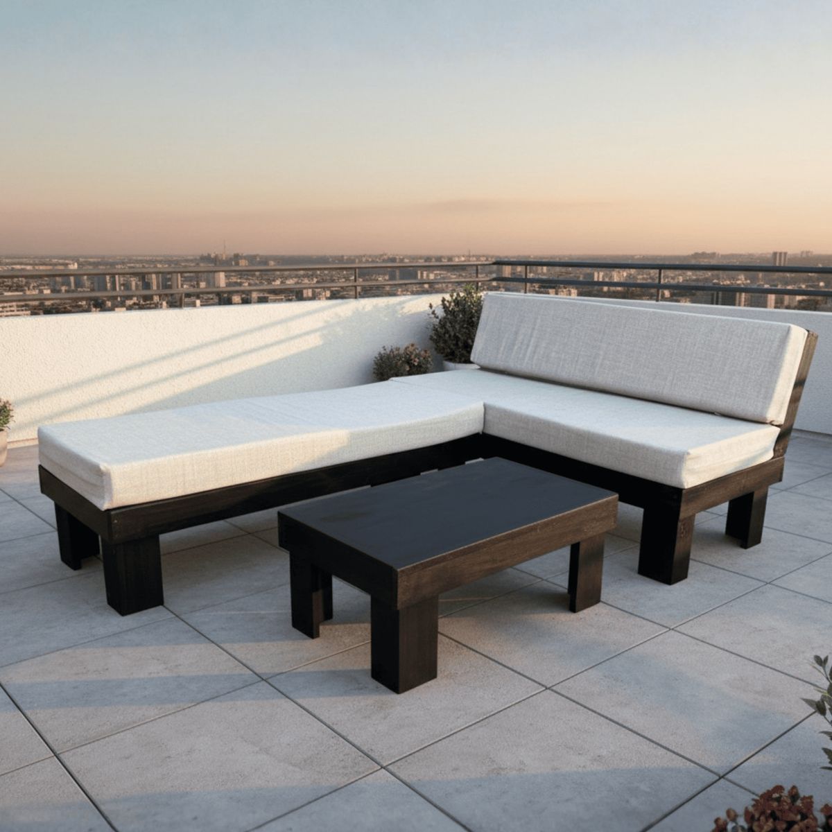 GENERICO - Set Living Terraza Negra Madera Industrial + Mesa Centro