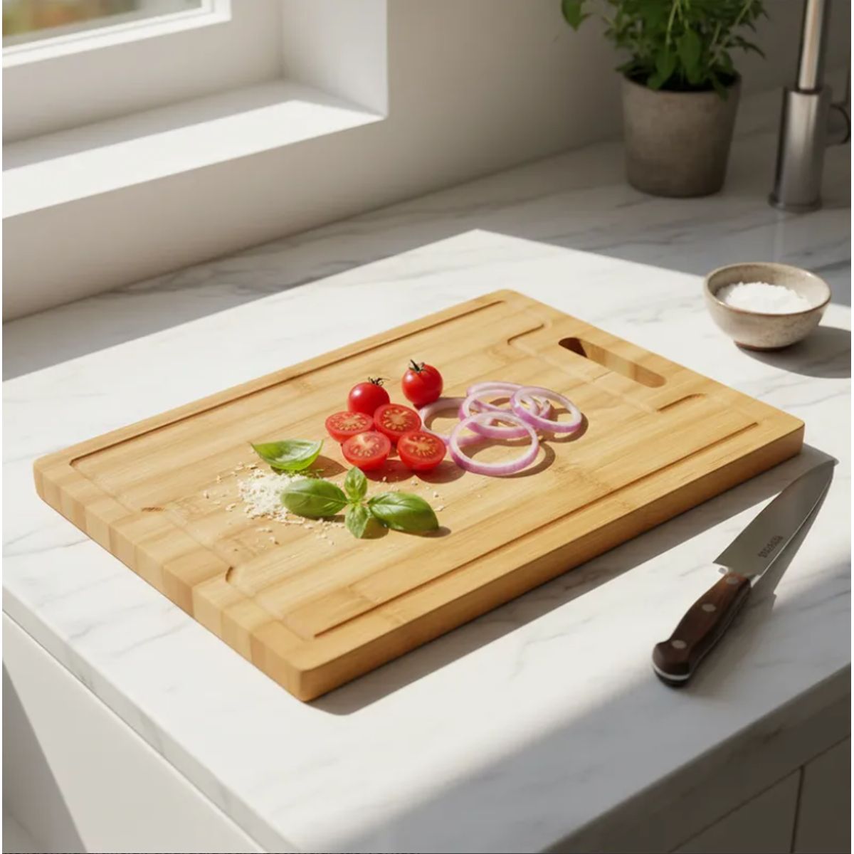 GENERICO - Tabla De Cortar Picar De Bambú Con Asa Y Canaleta 36x26 Cm