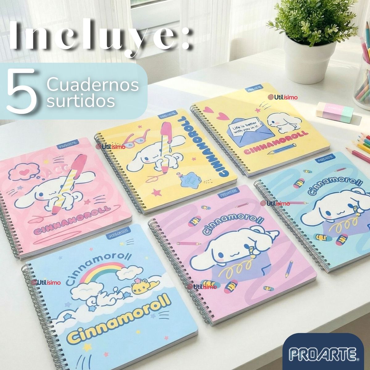 PROARTE - Pack 5 Cuadernos Universitarios Cinnamoroll 100 Hojas Proarte Diseños Surtidos