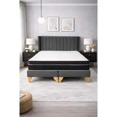 GENERICO - Cama Europea 2 Plazas Gris con Colchón Híbrido Bonell Pillow Top + Respaldo y Base Tapizados en Lino