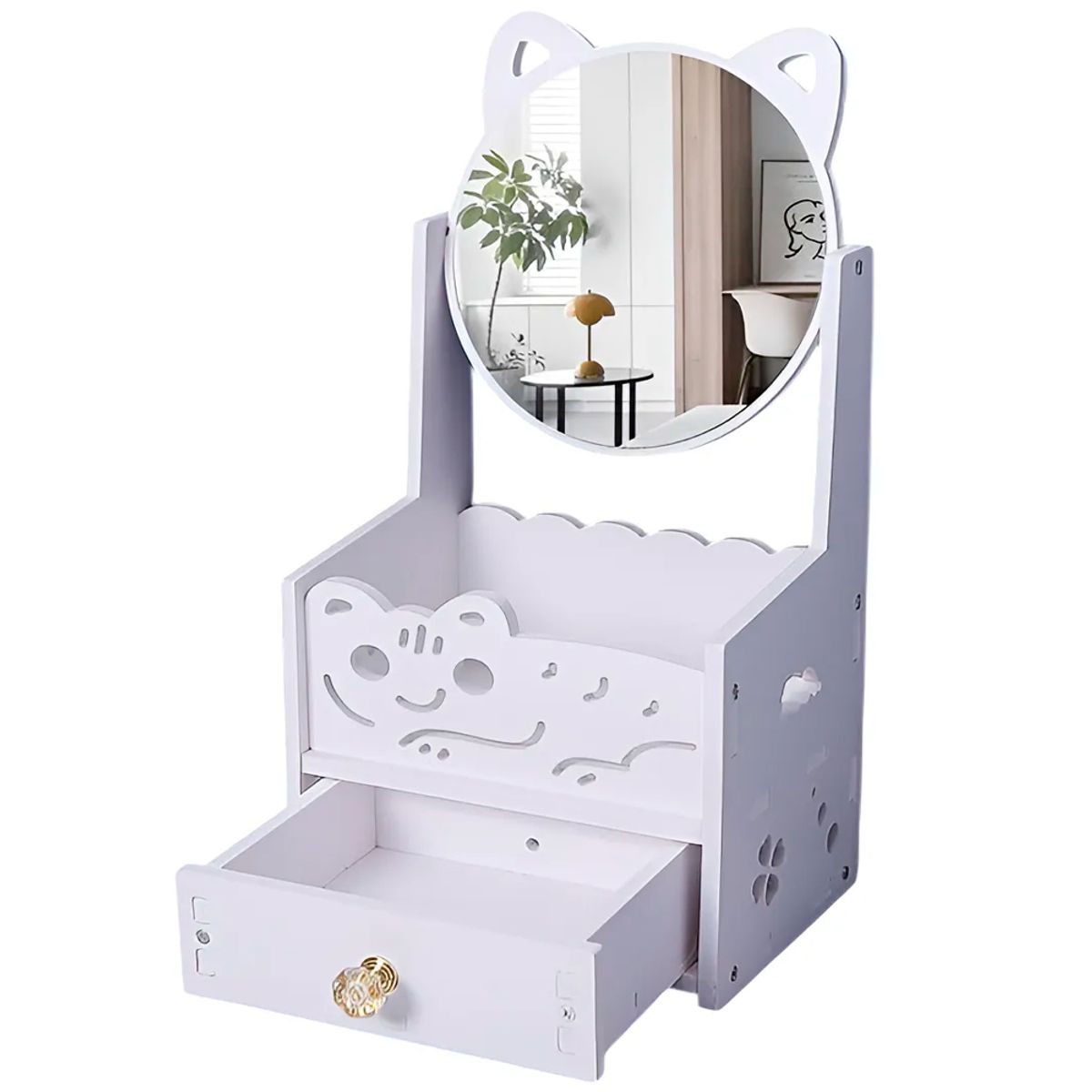 IRM - Organizador De Maquillaje Con Espejo y Gaveta Diseño Orejas De Gato Blanco