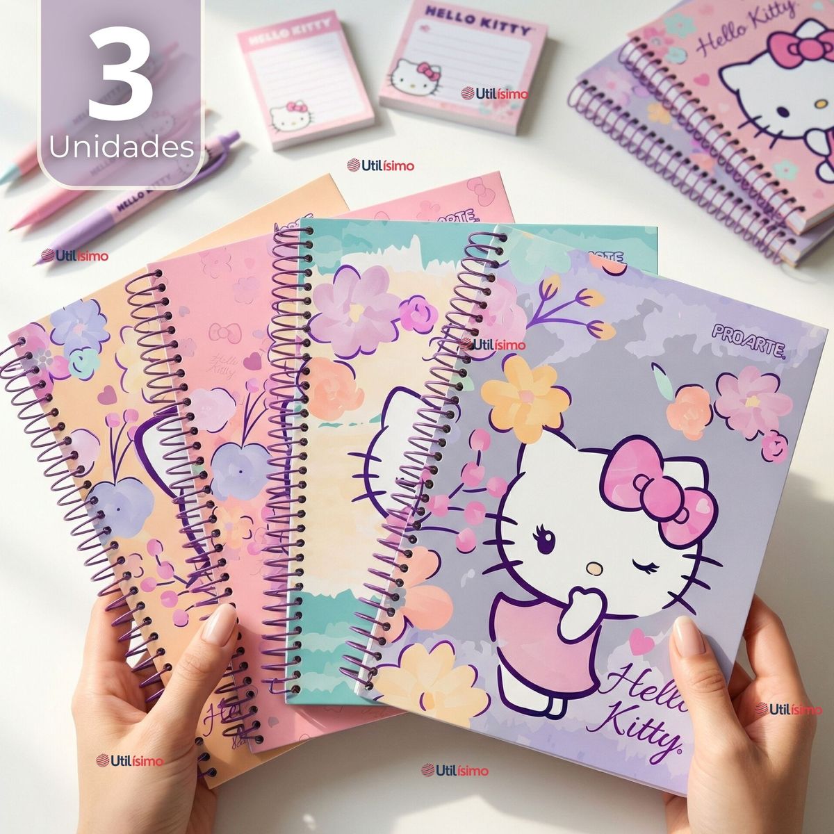PROARTE - Pack 3 Cuadernos Universitario Hello Kitty 150 Hojas Tapa Gruesa Proarte Diseños Surtidos