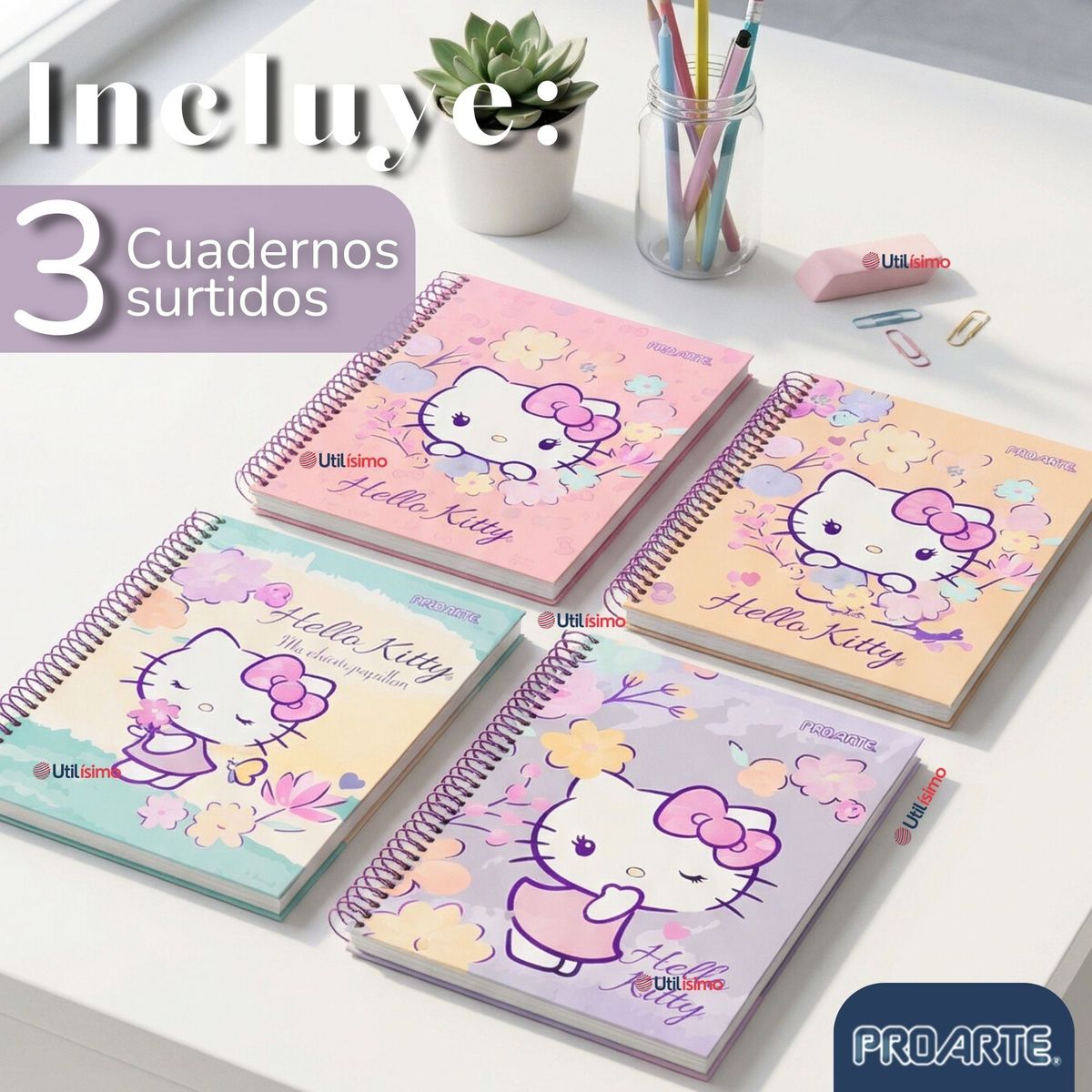PROARTE - Pack 3 Cuadernos Universitario Hello Kitty 150 Hojas Tapa Gruesa Proarte Diseños Surtidos